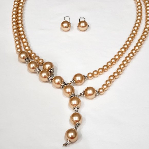 Champagne Glass Pearl Earrings and Necklace in Silvertone & Stainless Steel - Picture 1 of 4